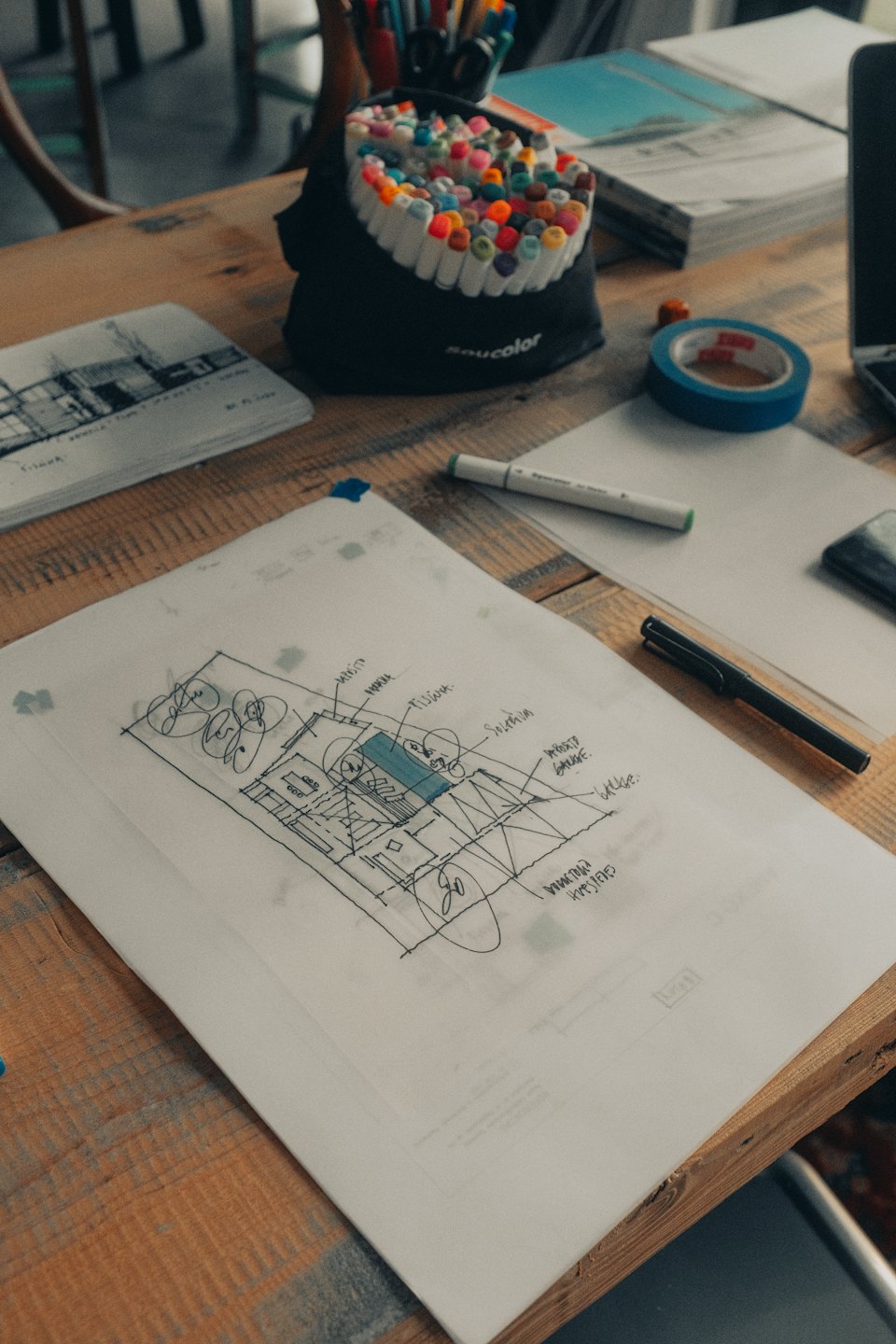Architektonický nákres a umelecké potreby na drevenom stole.